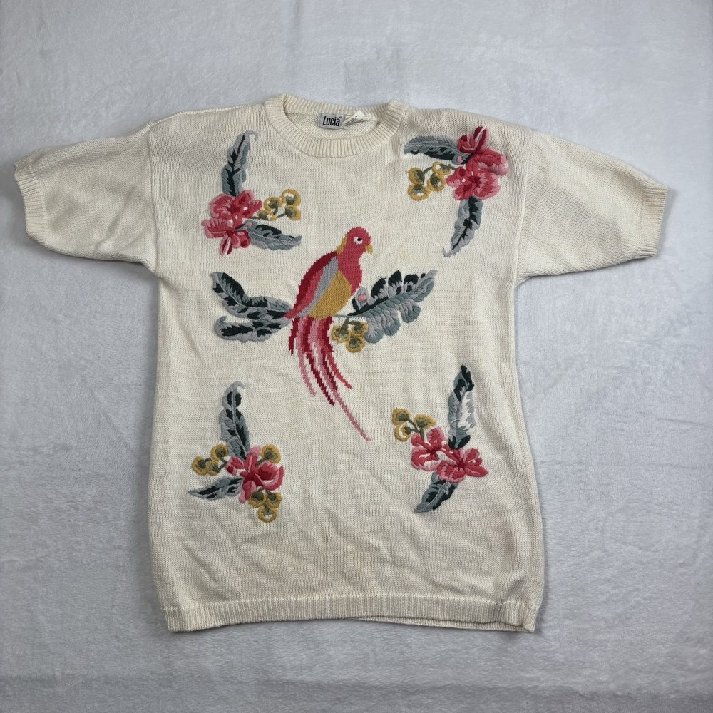 VTG Lucia Pullover Short Sleeve Knitted Beige Sweater Birds Floral Womens Medium